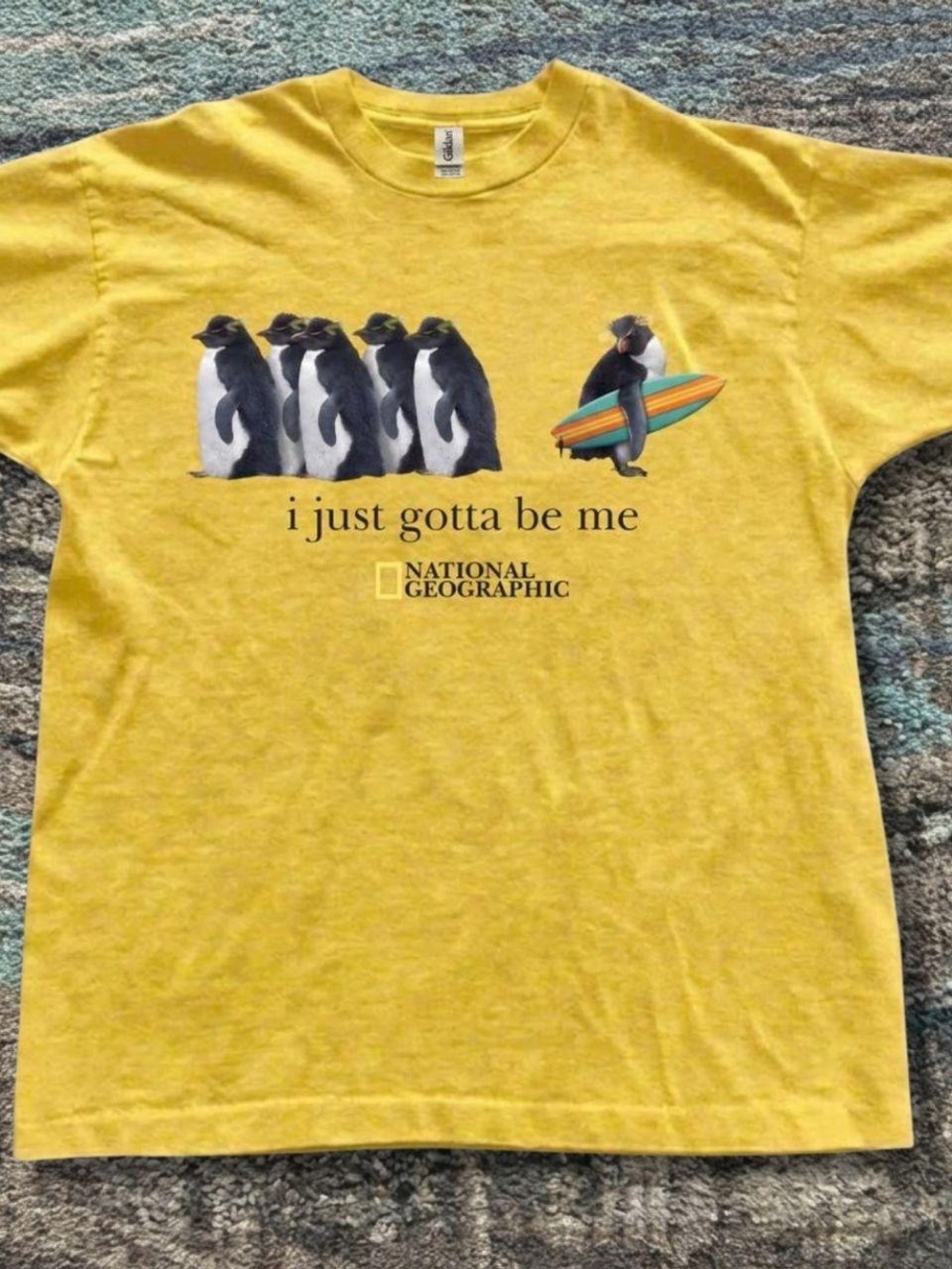Gildan Yellow Graphic Tee with Penguin Surf Design